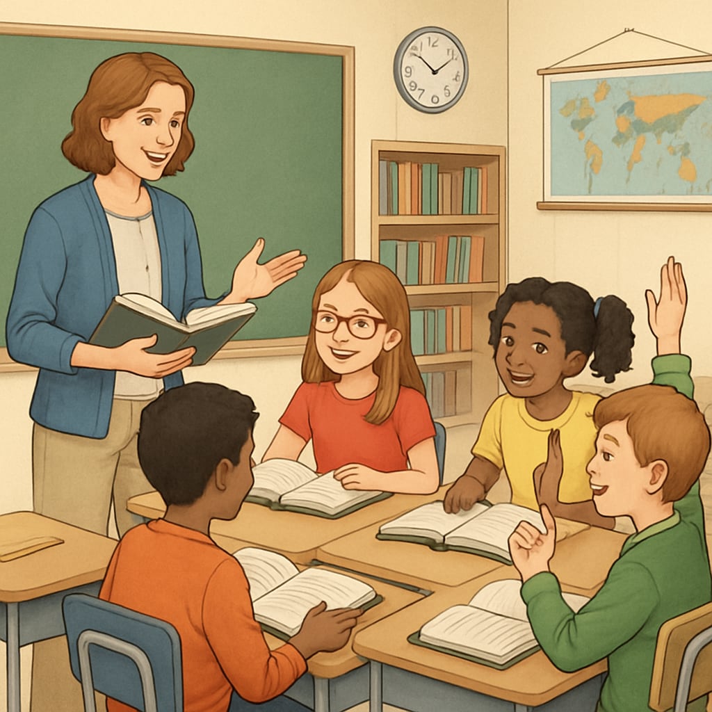 A classroom setting showing students engaged in a group reading activity with a teacher facilitating. The image reflects structured ELA module practices. Students participating in a group reading activity as part of ELA teaching structure.