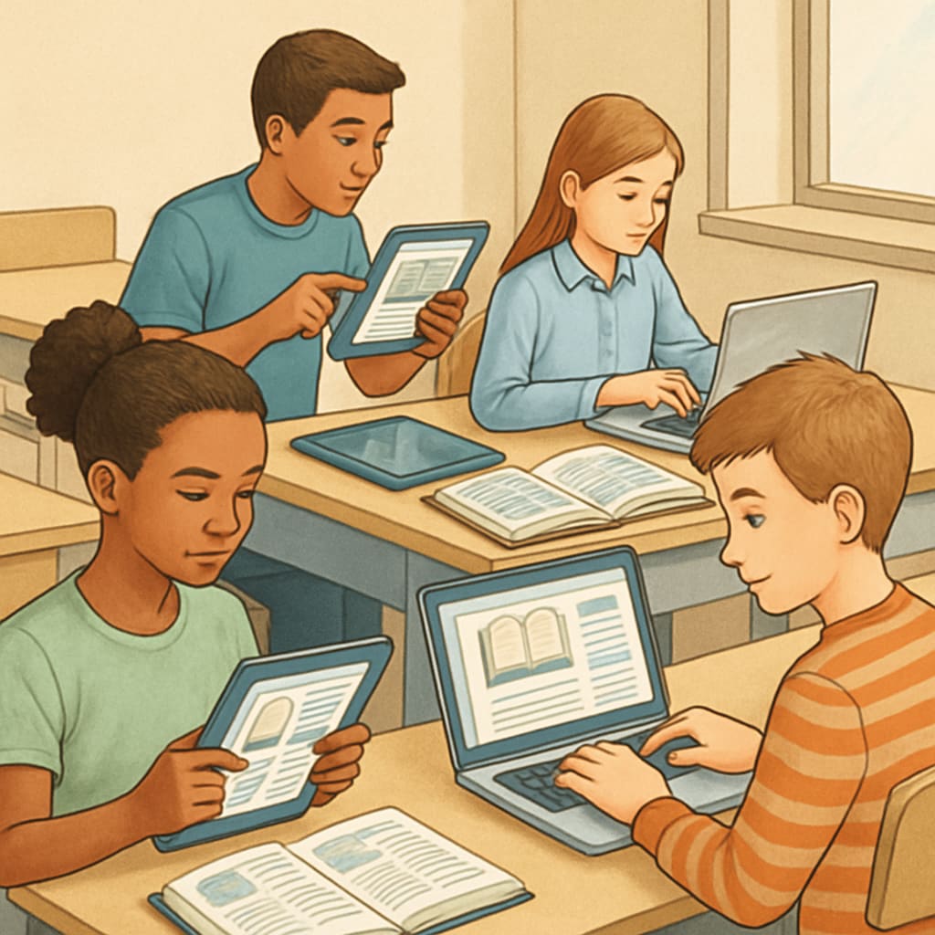 Students using tablets or laptops while interacting with reading materials in a technology-enhanced classroom setting. Students engaging with digital tools for reading comprehension in ELA lessons.