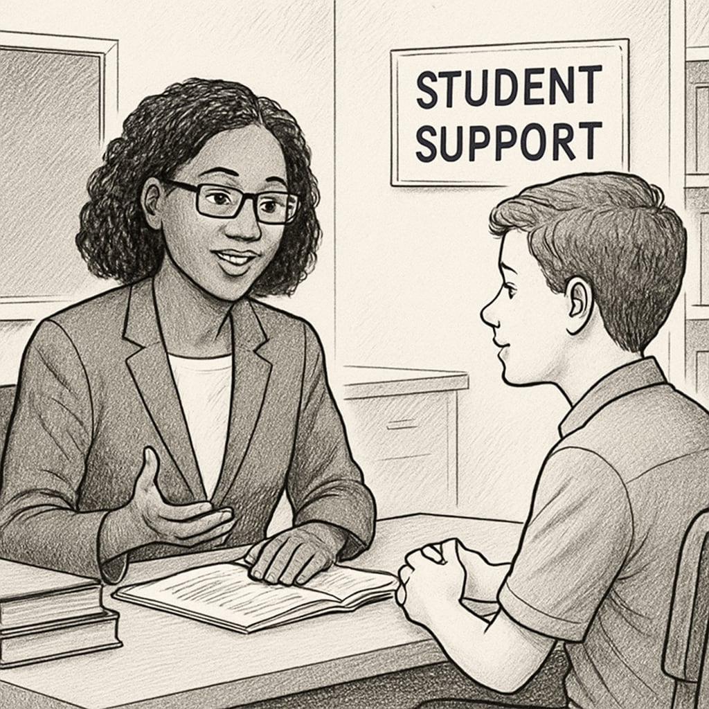 A school counselor talking to a student, representing student support services. A school counselor providing guidance to a student in a K12 education setting.