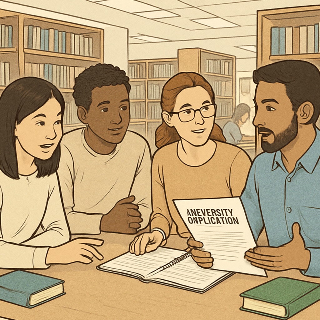 Group of international students discussing AS-level university applications.
