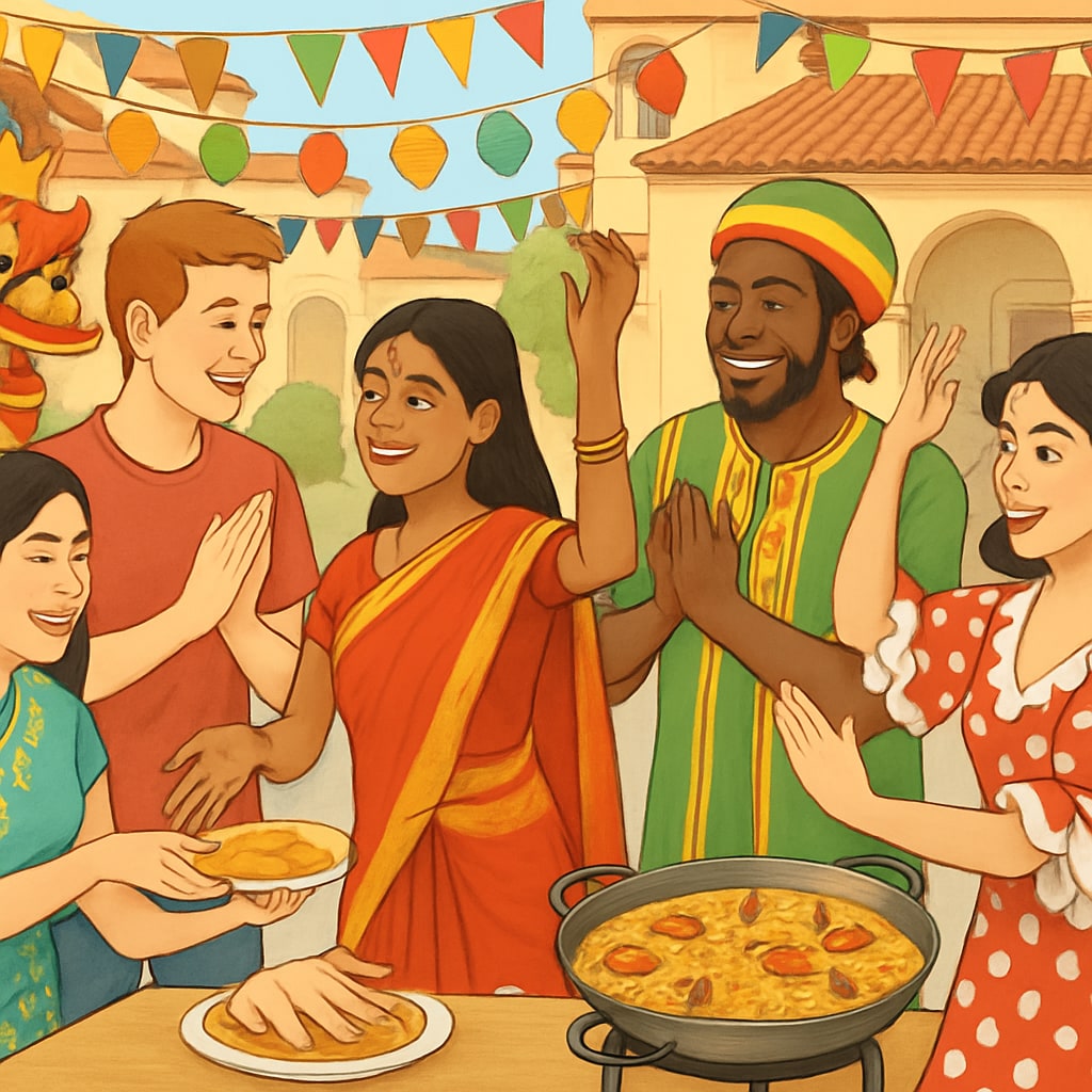 International students enjoying a cultural festival in Spain as part of their immersion experience.
