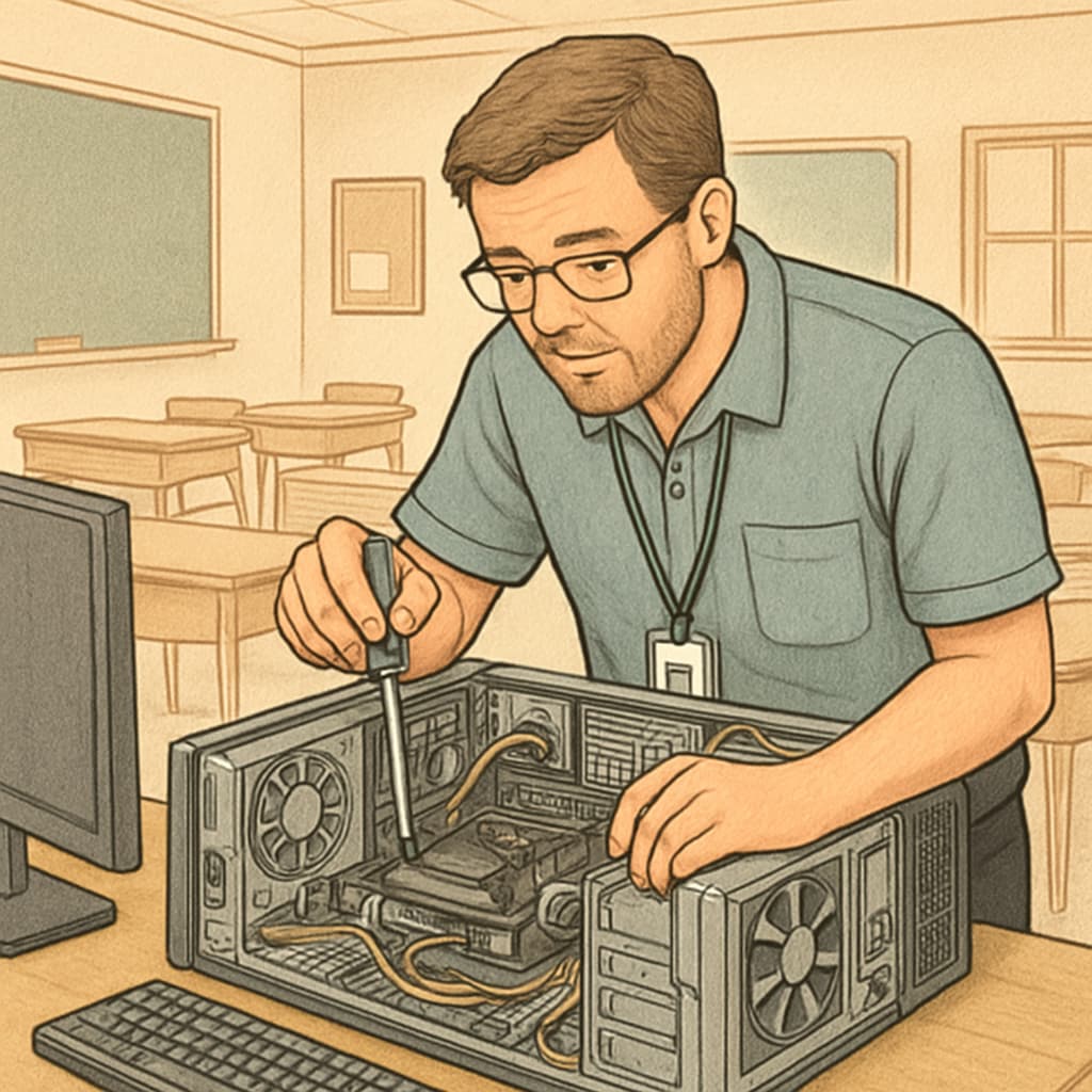 An IT specialist fixing a classroom computer, showcasing technology support in schools. An IT specialist ensuring classroom technology works seamlessly in a school environment.