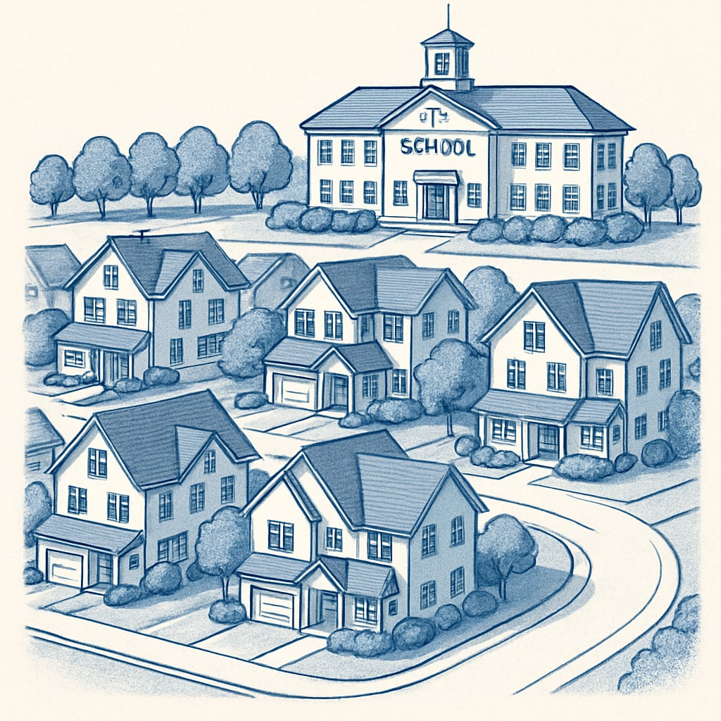 A suburban neighborhood with houses located near a high-ranking school, representing the premium value of homes in top districts. Homes in a top school district, showing their premium real estate value.