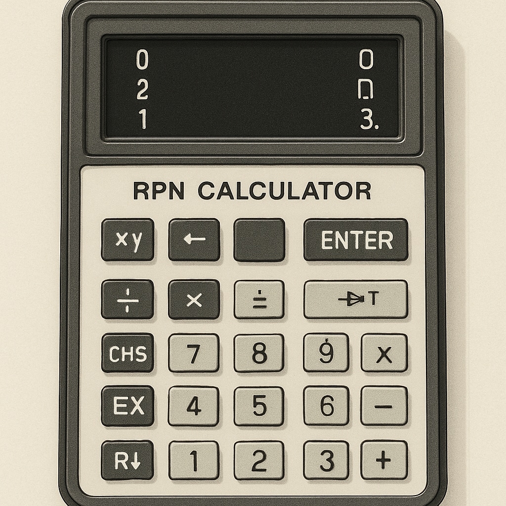 A close-up of an RPN calculator with a clear view of its unique input method. RPN calculator showcasing reverse Polish notation for simplified math calculations.