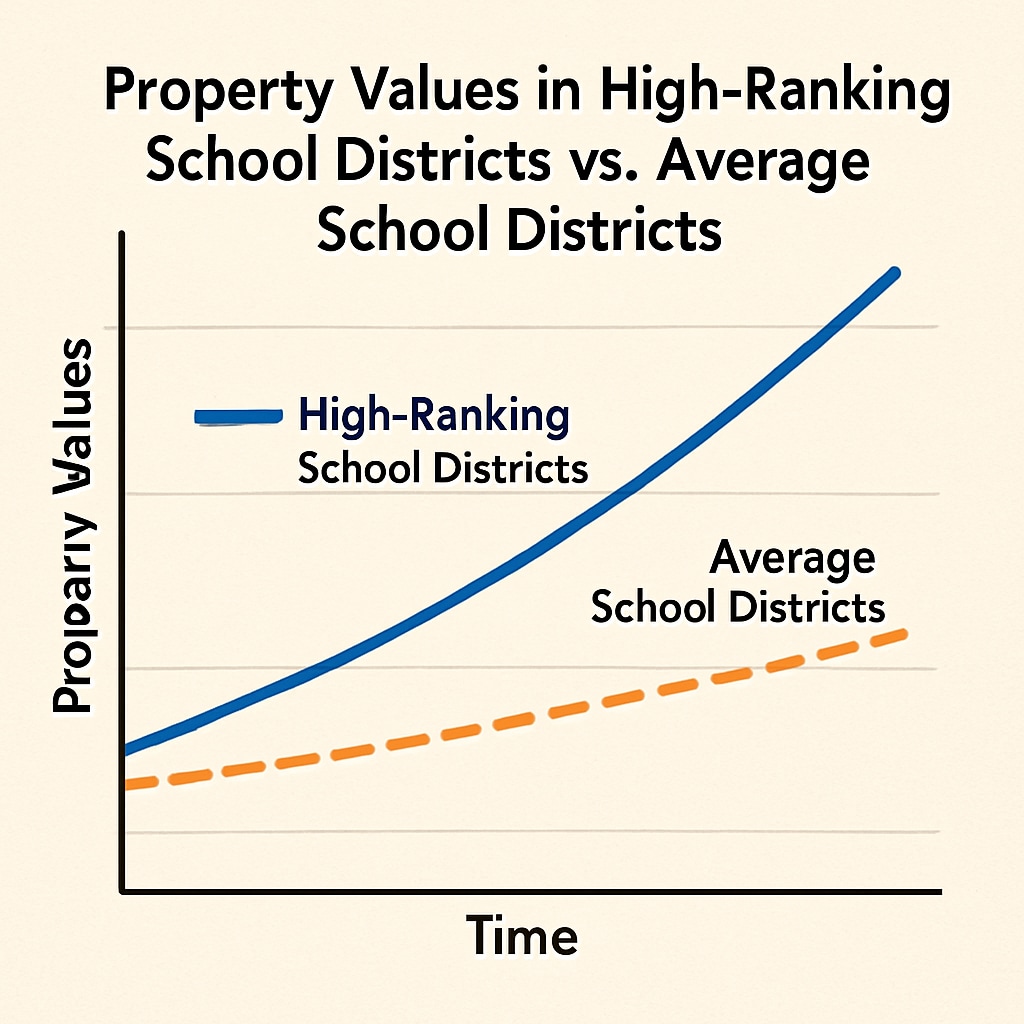 A graph comparing property values in high-ranking versus average school districts, showing consistent growth in top-performing areas. Property value trends in top school districts versus average districts.