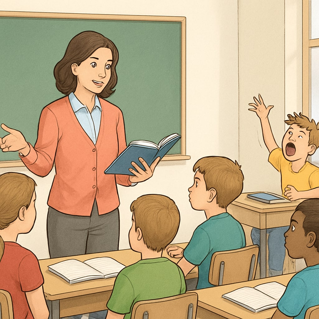 A classroom with a teacher engaging students, while one student appears disruptive in the background. Teacher engaging students while one student disrupts the class.