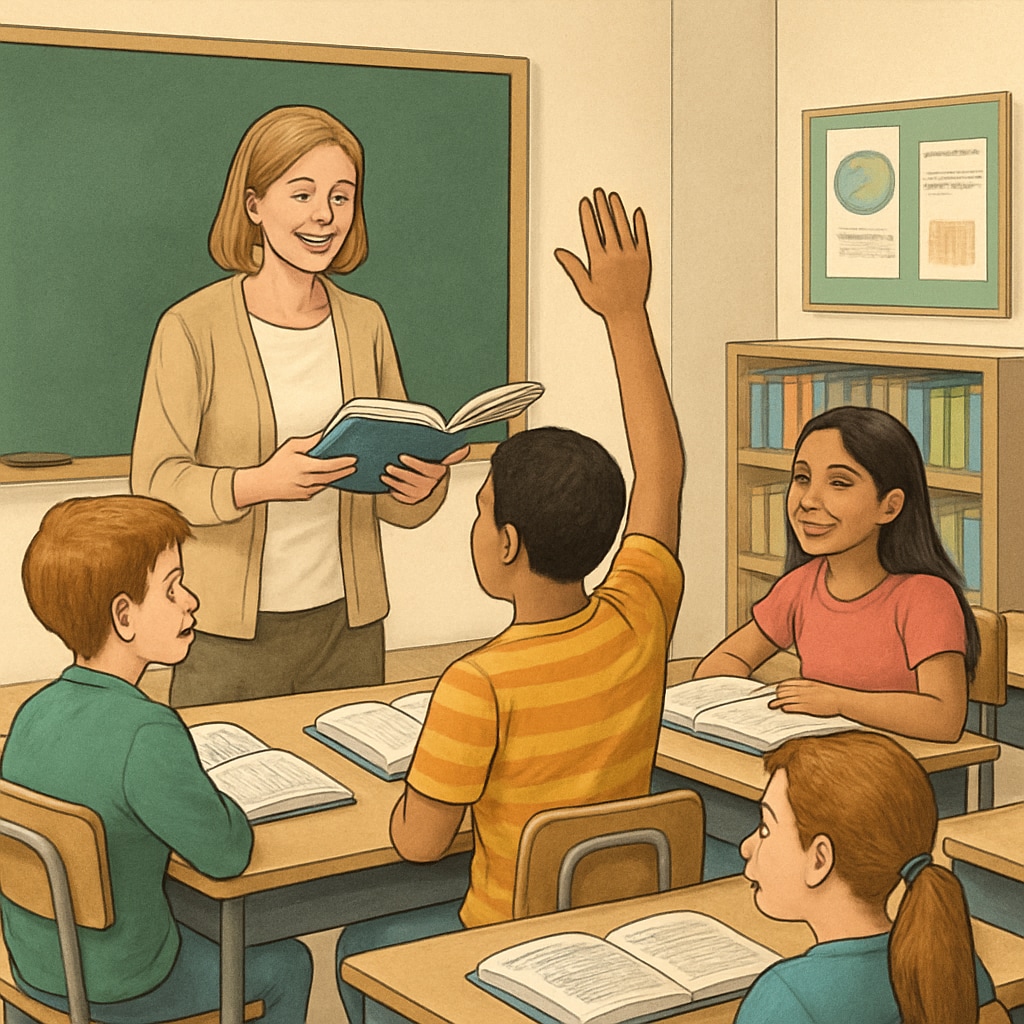 A classroom setting with fifth-grade students participating in an interactive reading session led by a teacher. Fifth-grade students engaged in an interactive reading session with their teacher.