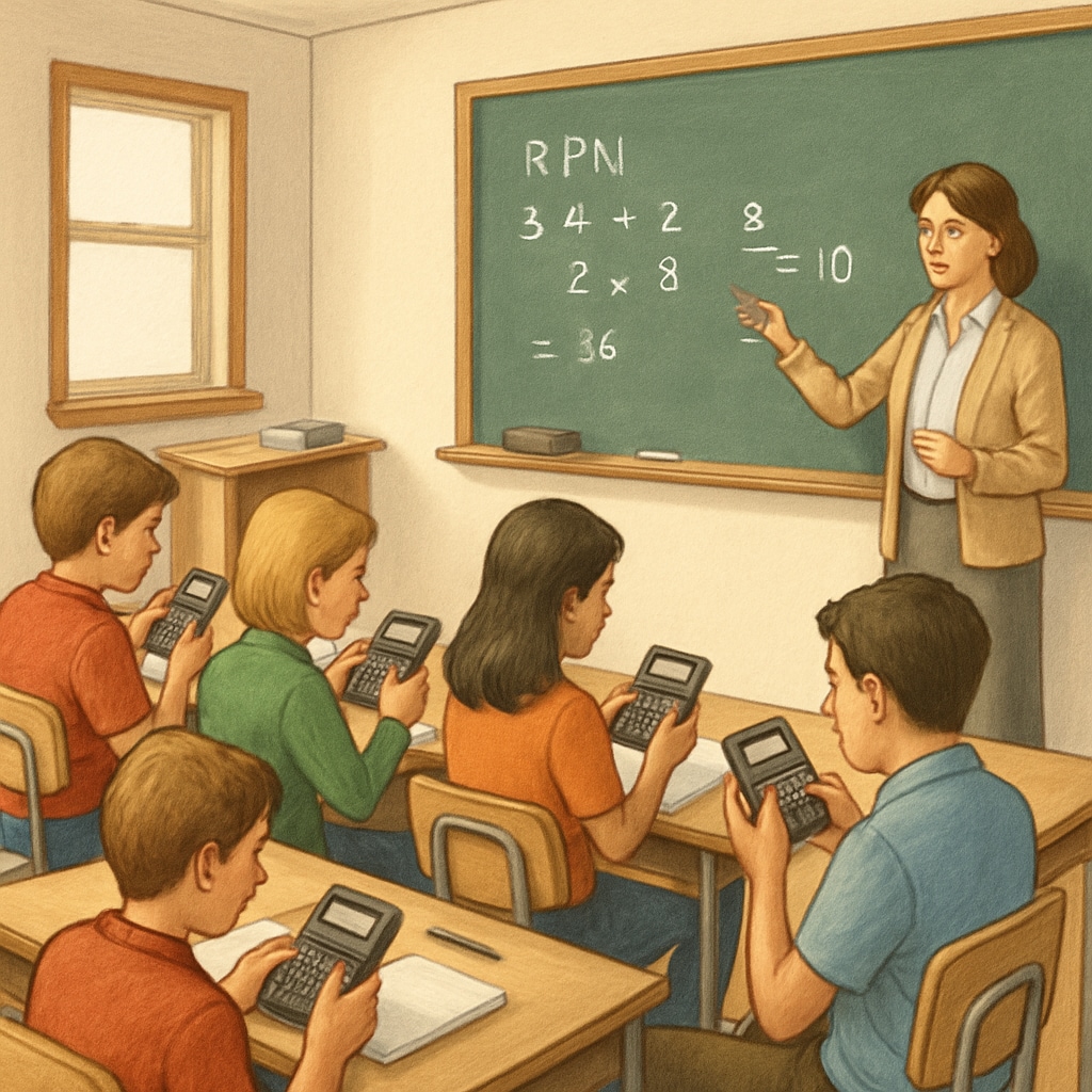 A classroom setting where students are using RPN calculators during a math lesson. Students in a classroom actively using RPN calculators to solve mathematical problems.
