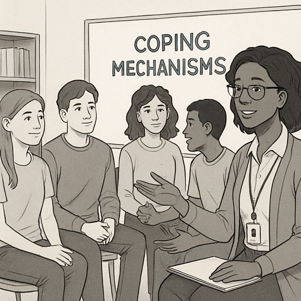 A group of students in a behavioral intervention program with a counselor discussing coping mechanisms. Students in a behavioral intervention program working with a counselor.