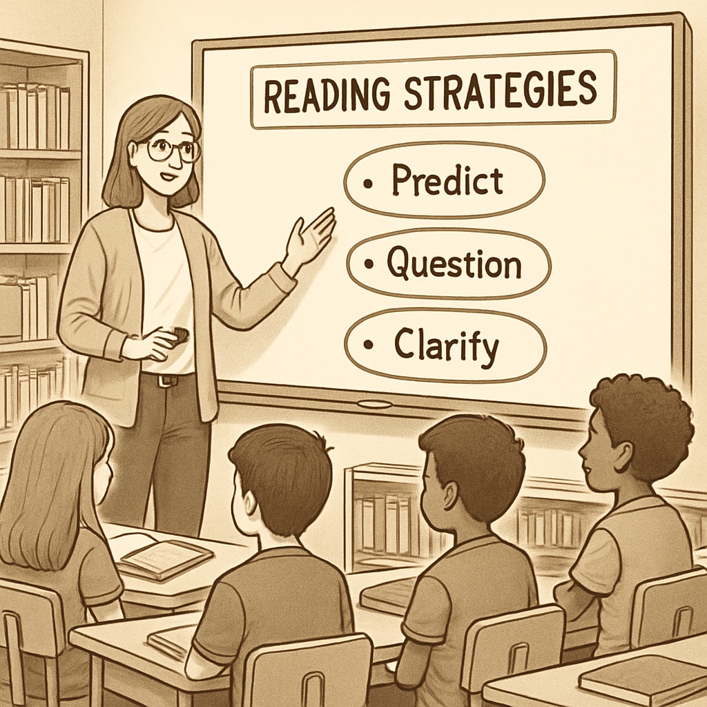 A teacher using an interactive whiteboard to explain reading strategies to a group of attentive students. Teacher explaining reading strategies using an interactive whiteboard to fifth-grade students.