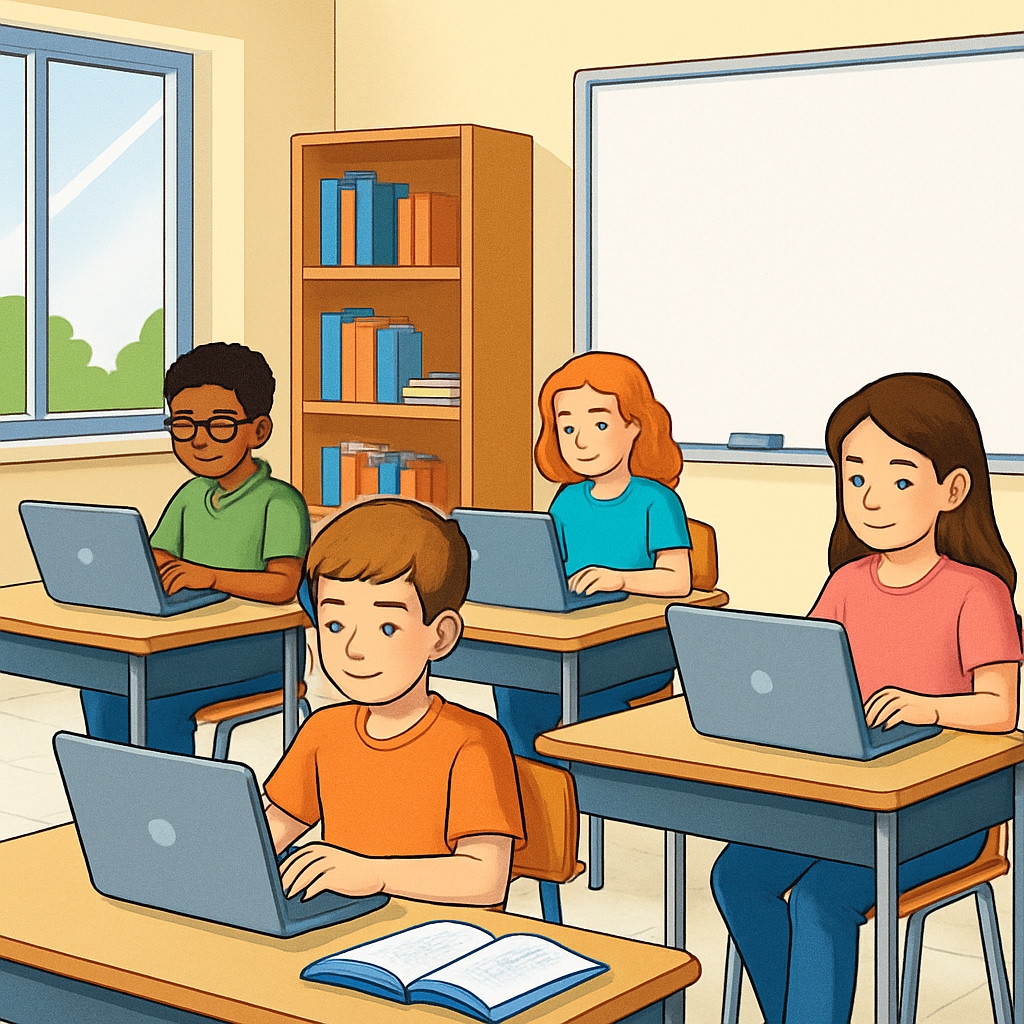 A bright classroom with students using laptops for online learning, symbolizing modern education methods. Online learning in a classroom setting for Khan World School dual enrollment students.