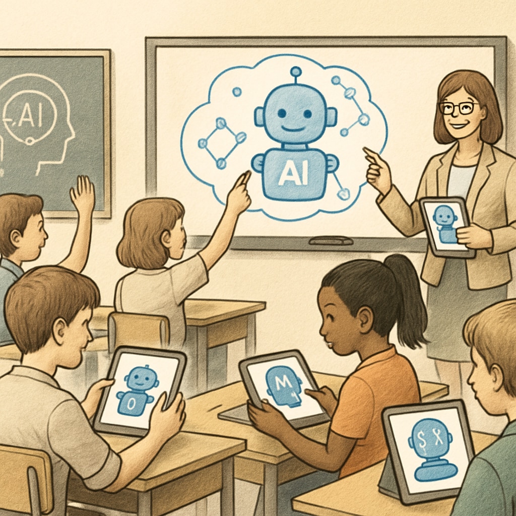 A classroom with students using AI-powered learning tools like tablets and interactive screens. The image highlights the integration of technology into modern education systems. Students using AI-powered tools in a classroom setting to enhance learning.