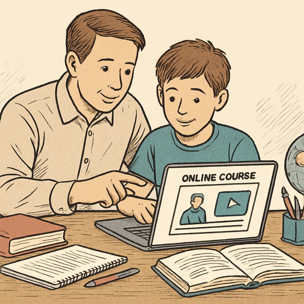 A parent and child reviewing online course materials together, highlighting parental involvement in education. Parent and child discussing online course options in the Khan World School and ASU partnership.