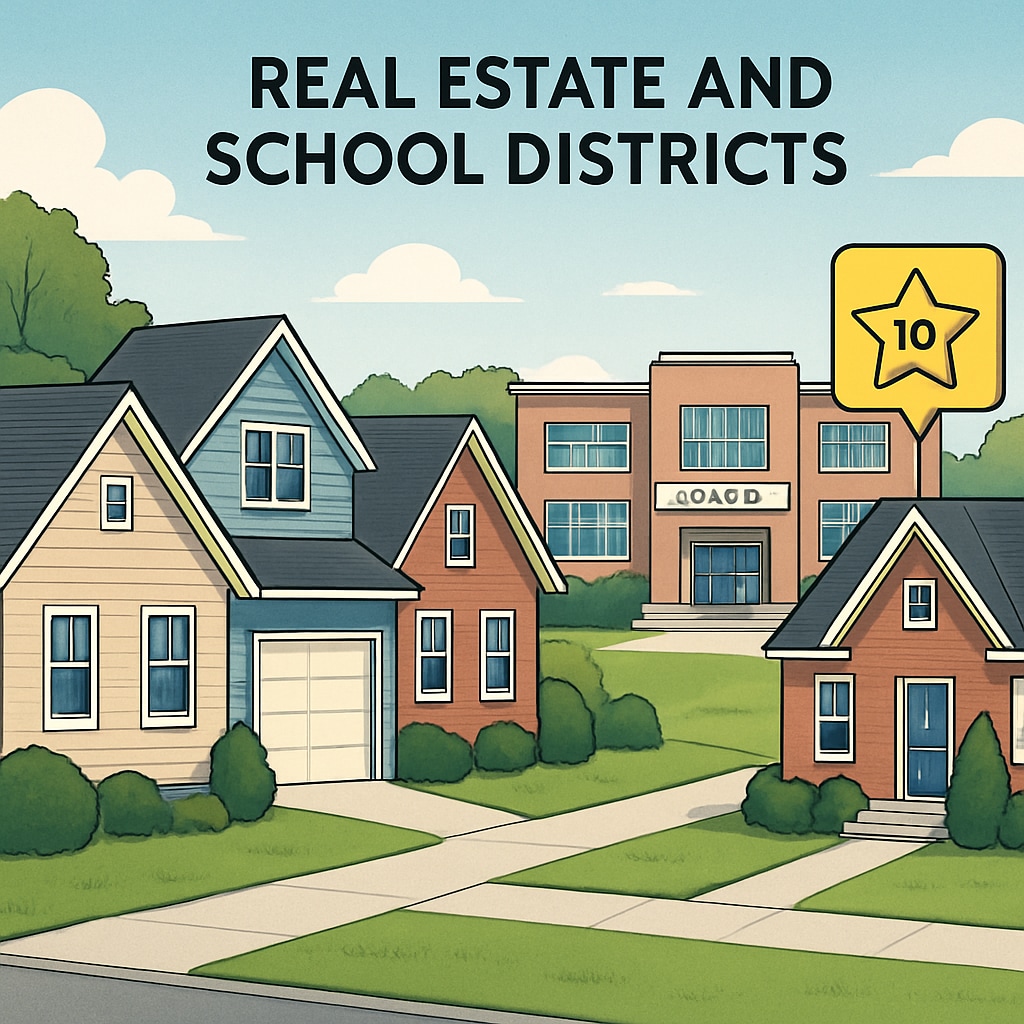 A suburban neighborhood with homes near a top-rated school, illustrating the connection between real estate and school districts. Suburban homes near a high-ranking school, showing the link between property value and school districts.