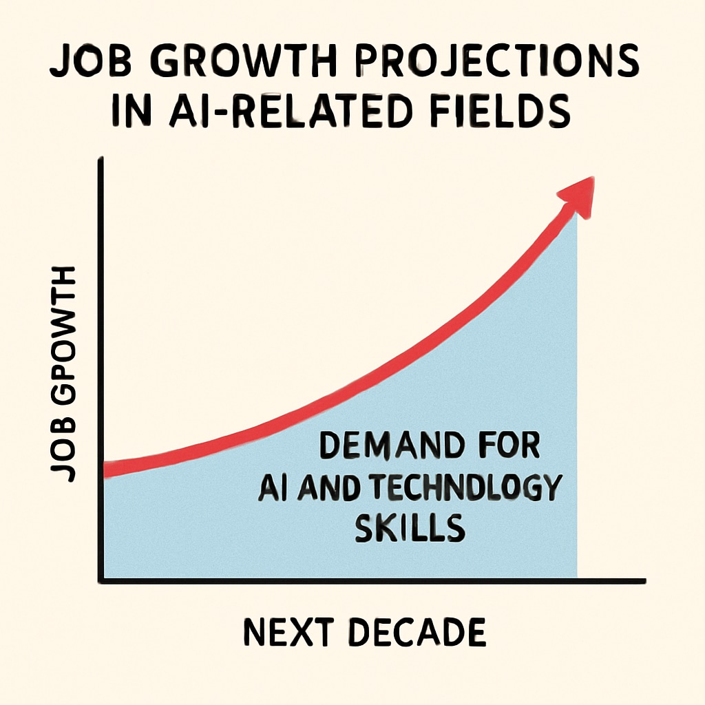 A graph depicting job growth projections in AI-related fields over the next decade. This image demonstrates the future demand for skills in AI and technology. Job growth trends in AI-related fields over the next 10 years.