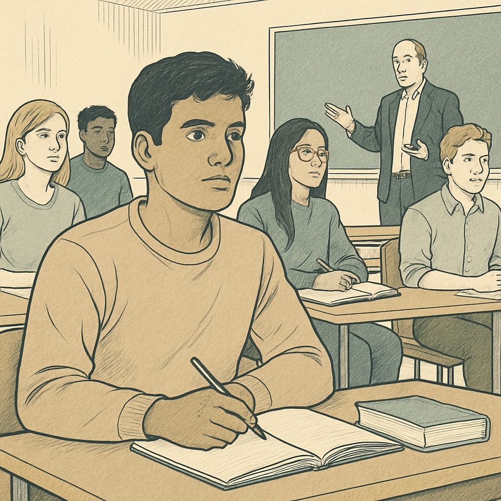 An international student attending a lecture at a budget-friendly university, showcasing diverse classmates. International student in an affordable university lecture.