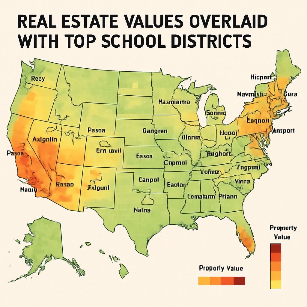 A heatmap showing real estate values aligned with top school districts in the U.S. Heatmap displaying real estate prices in relation to school district rankings.