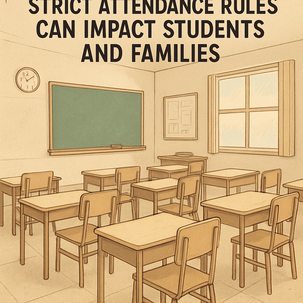 Empty desks in a classroom, representing strict school attendance policies.