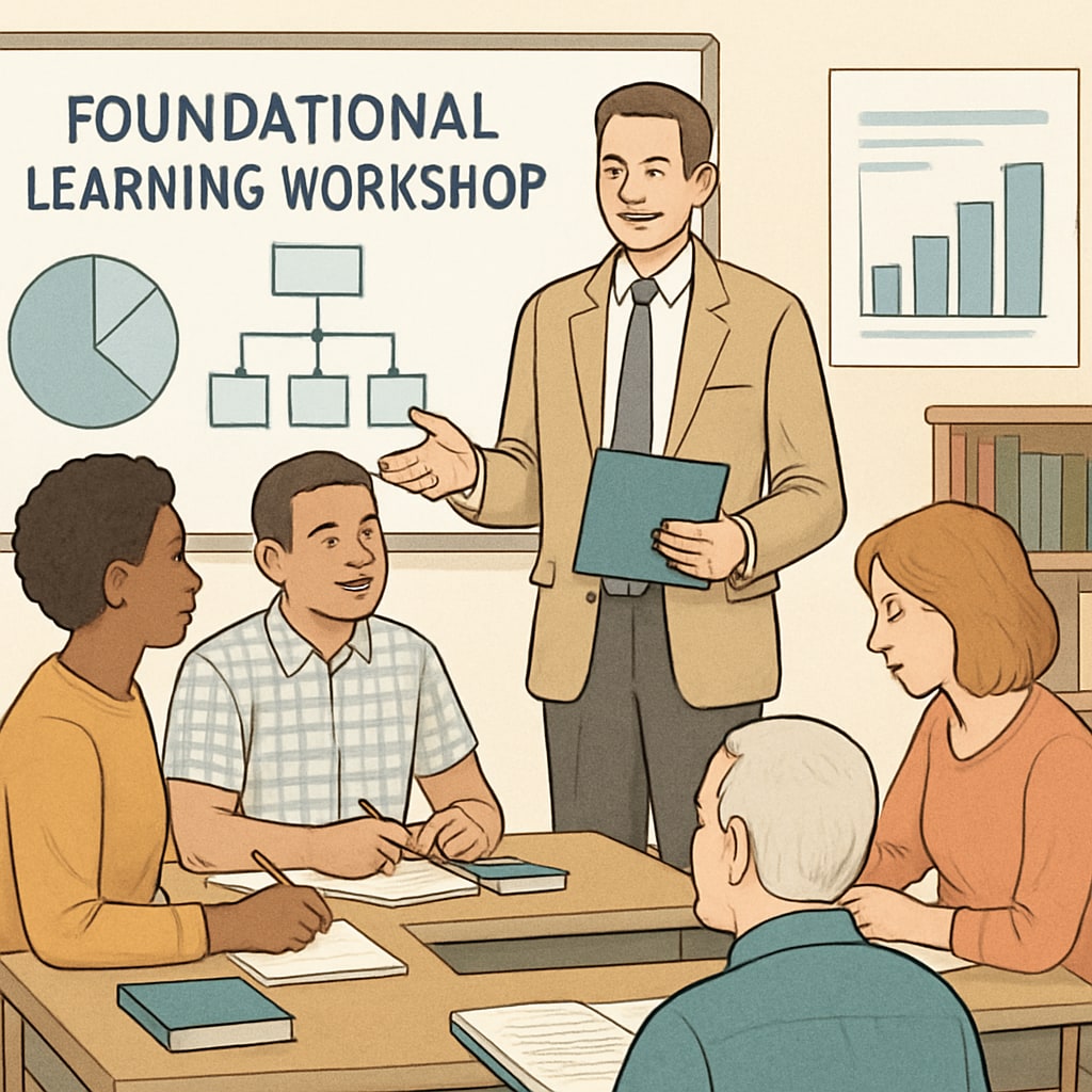 A group of adults in a classroom setting, participating in a foundational learning workshop. Adults learning together to overcome educational deficiencies