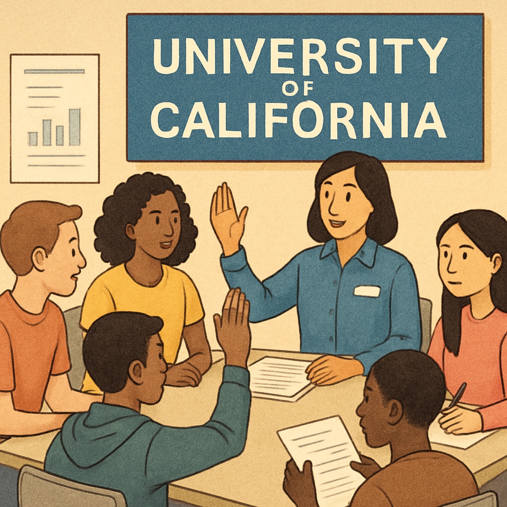 A high school student attending a career workshop hosted by the University of California. The image showcases students interacting with UC staff during a career guidance session. High school student attending a career workshop at University of California.