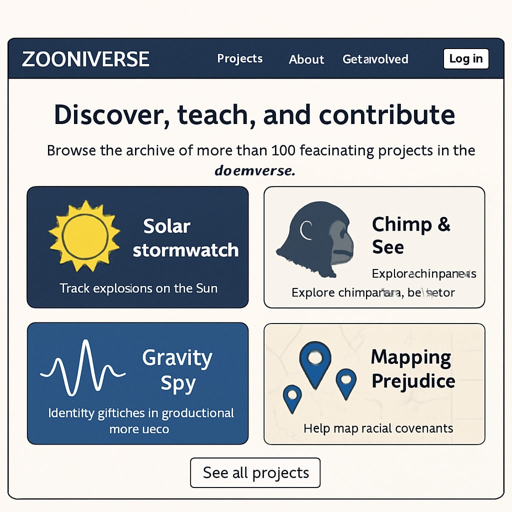 Zooniverse homepage displaying various scientific projects for public involvement.