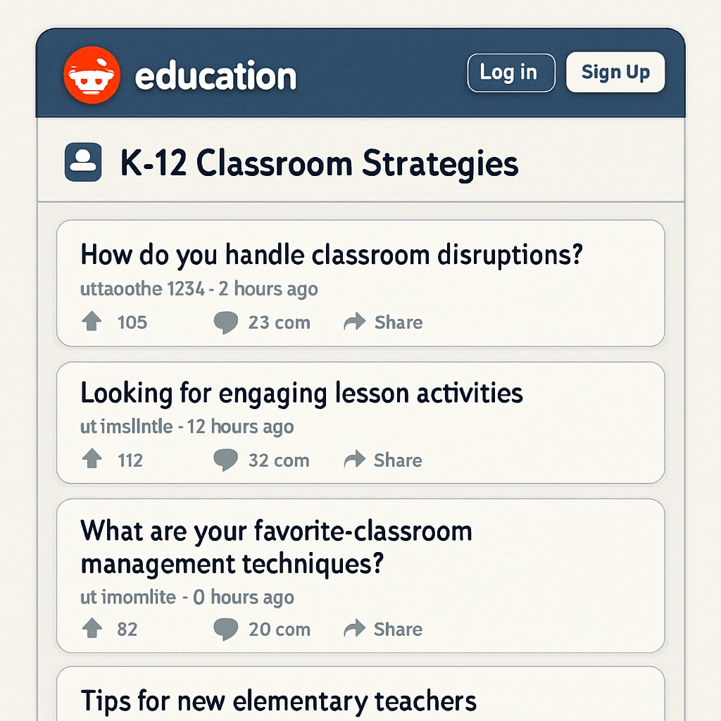 Reddit education subreddit featuring posts on K-12 classroom strategies, rules, and community engagement.