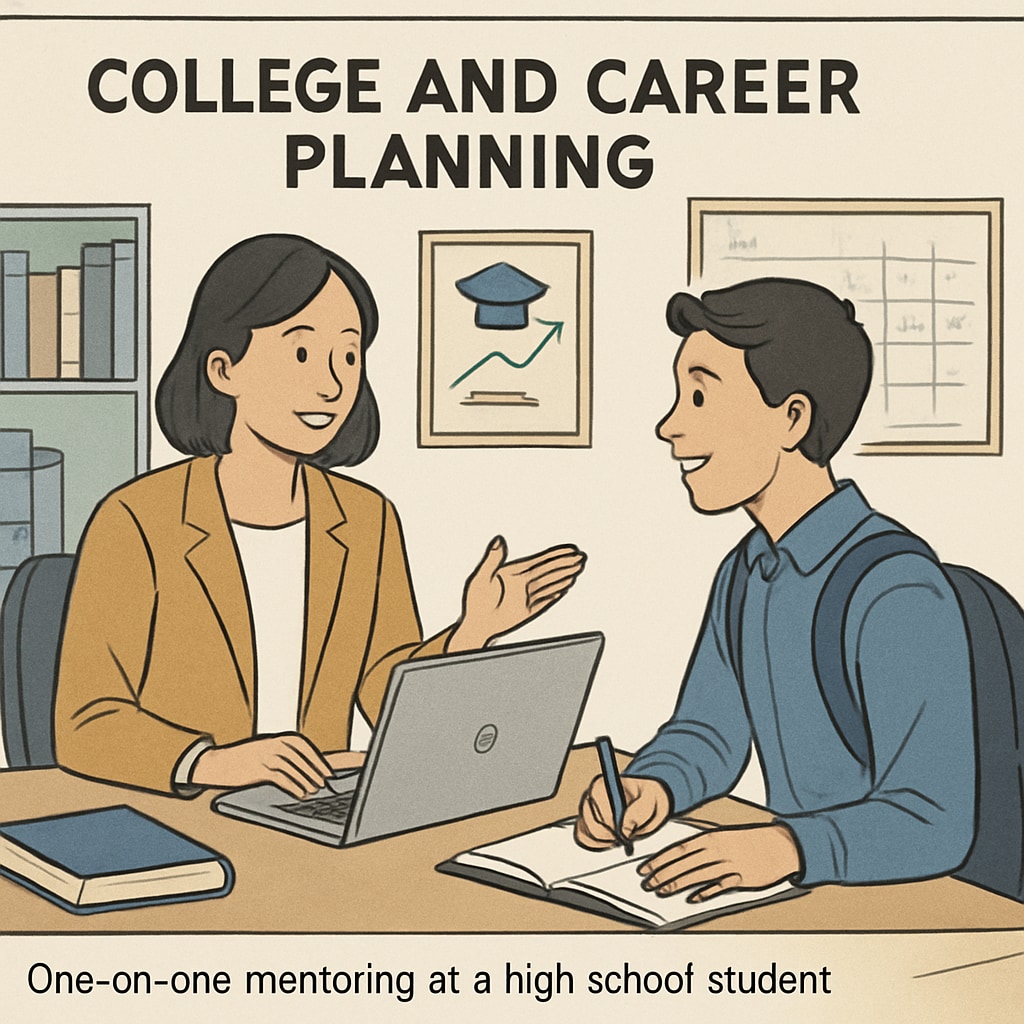 A UC advisor mentoring a high school student on college and career planning. The image highlights the importance of one-on-one guidance sessions for college preparation. UC advisor mentoring a high school student on college and career planning.