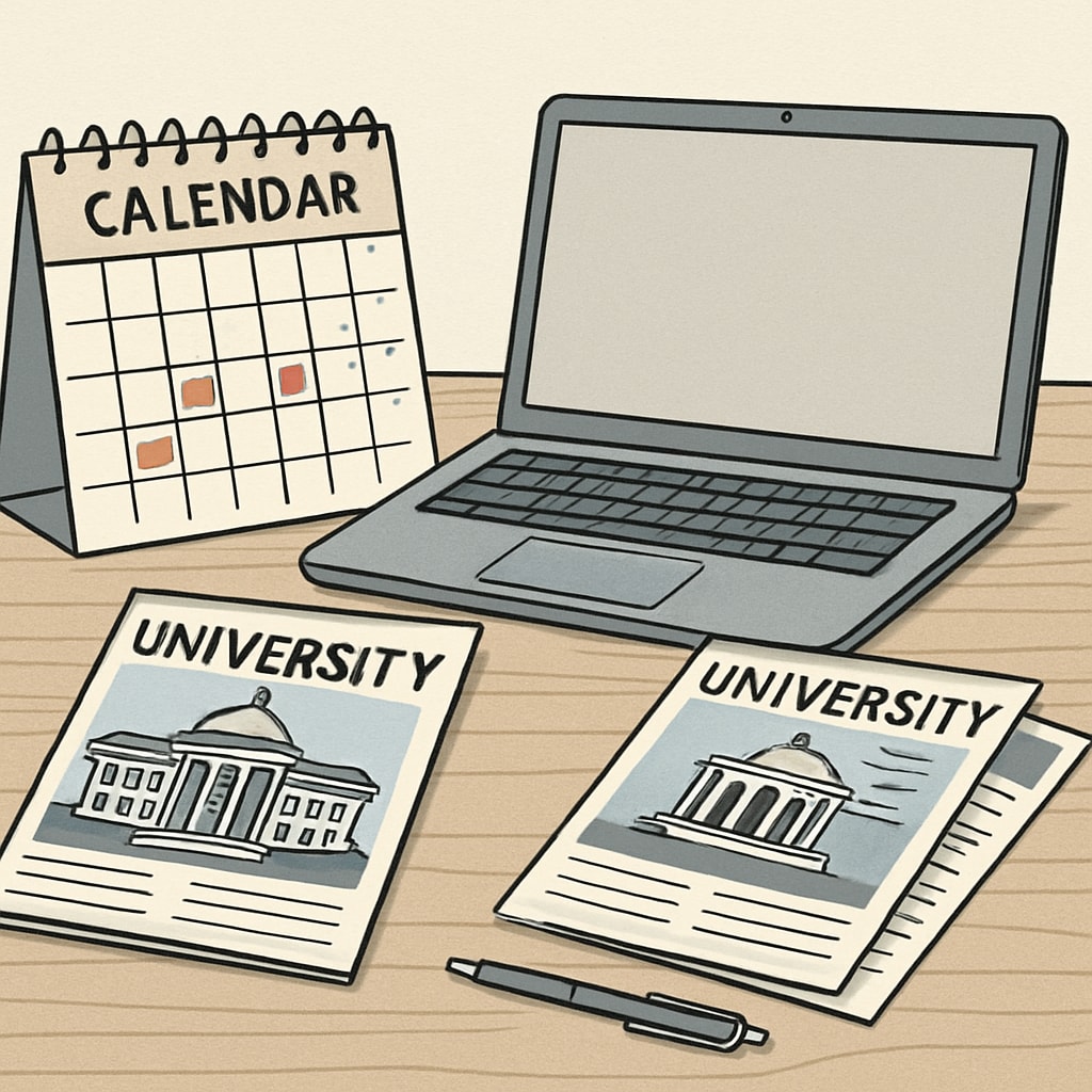 Organized desk with tools for managing university applications.