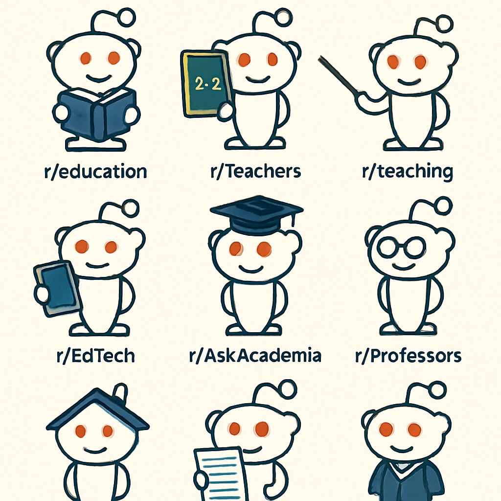 Visual representation of Reddit education-related subreddits, such as r/Education and r/Teachers.