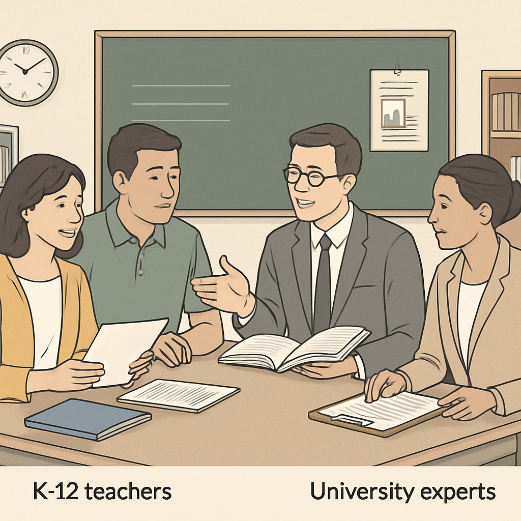 A classroom setting illustrating collaboration between K12 educators and university experts. The image visually represents partnership and resource-sharing. Collaboration between K12 educators and University of California experts.