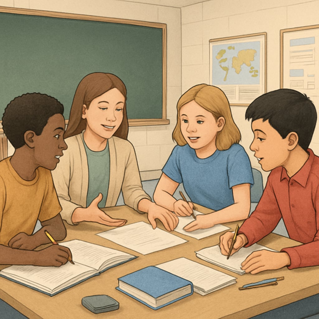 A classroom of students in the United States engaged in a group project, reflecting collaborative learning. U.S. students working together on a project, showcasing collaboration in education systems.
