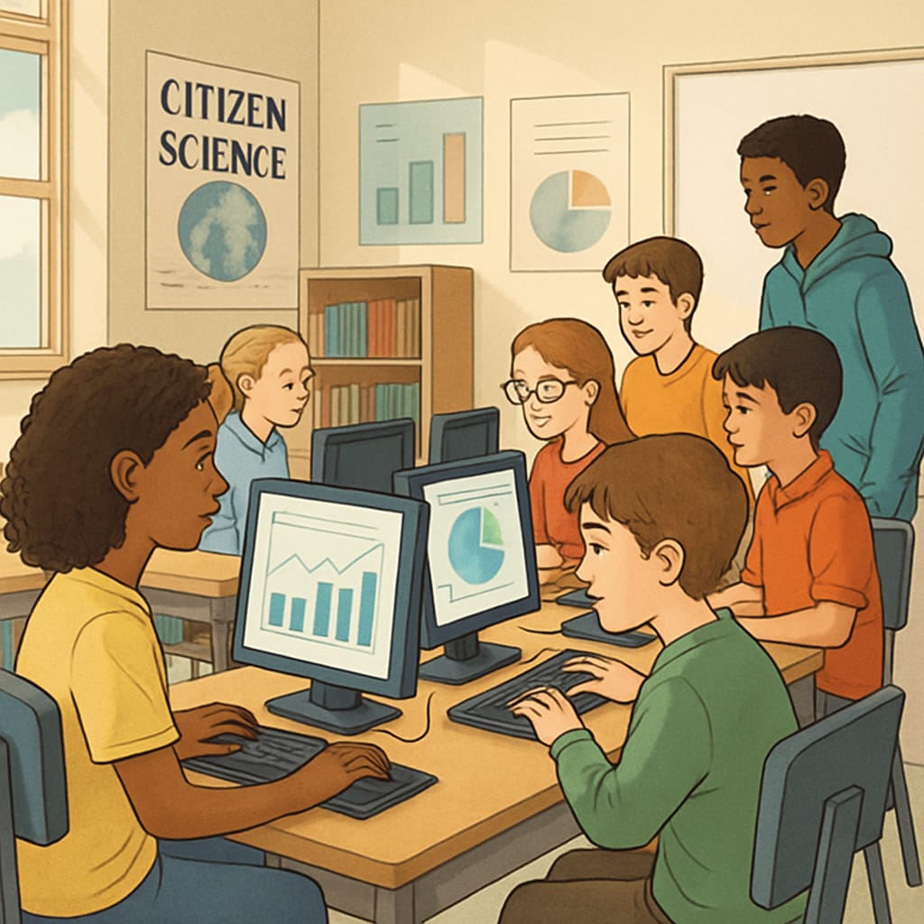 A group of K12 students analyzing data on computers as part of a Zooniverse citizen science project K12 students participating in a Zooniverse citizen science project