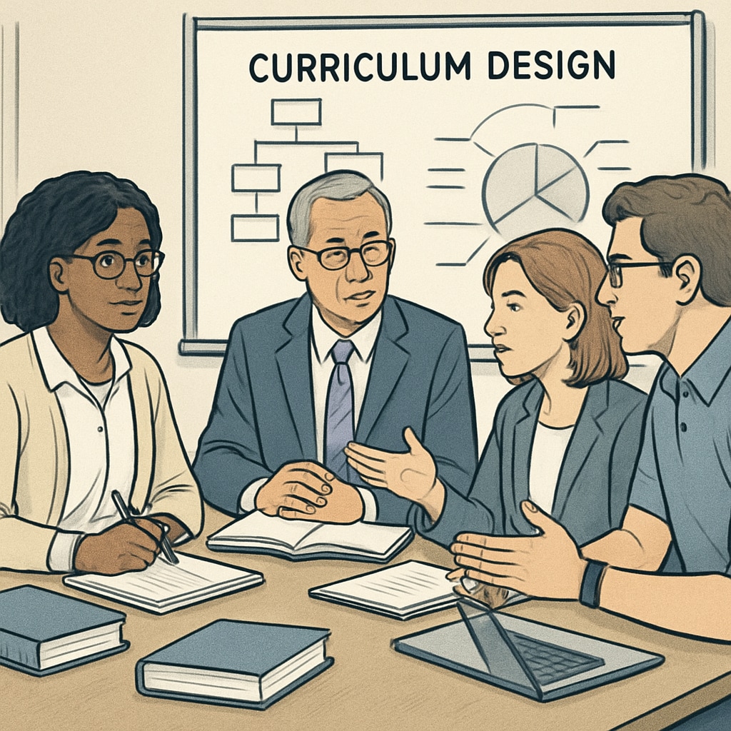 A group of educators and university experts discussing curriculum design in a collaborative setting. The image reflects teamwork and educational innovation. Educators and University of California employees collaborating on curriculum design.