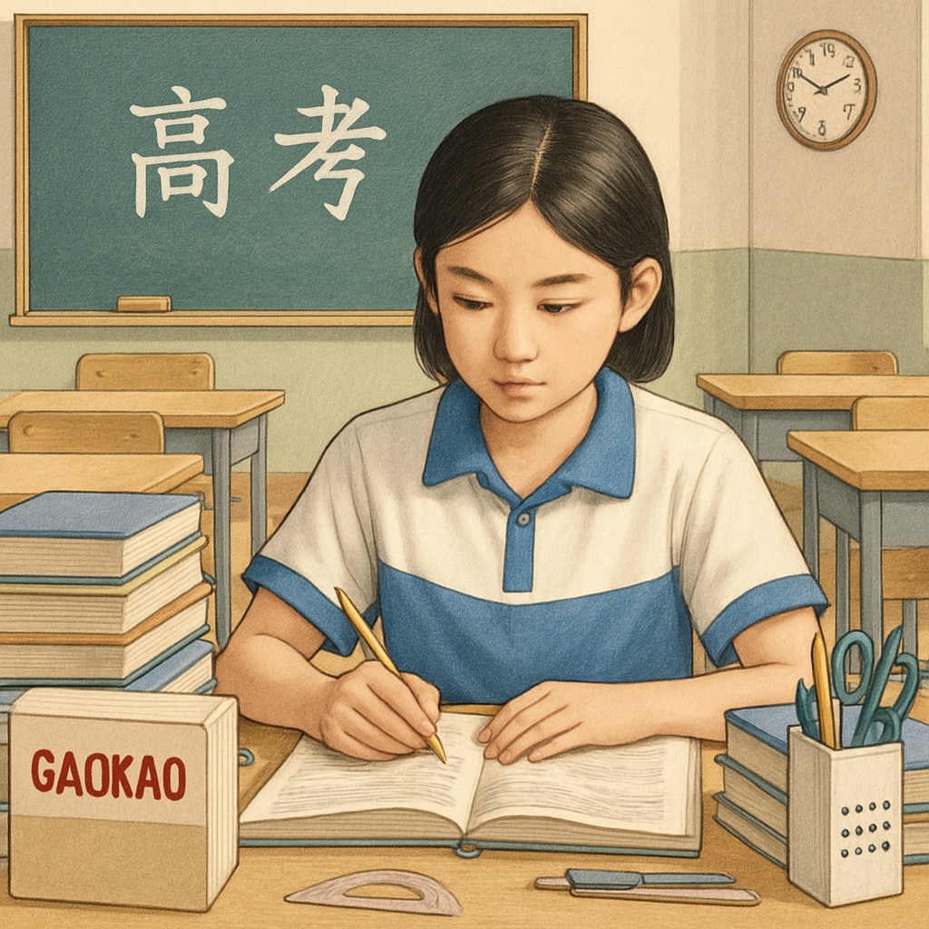 A Chinese student preparing for the Gaokao in a classroom filled with books and study materials. Chinese student studying for the Gaokao, illustrating the focus on standardized testing in China’s education system.