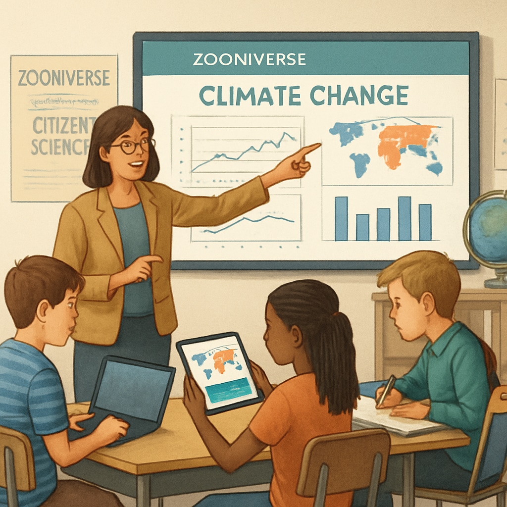 A teacher guiding students through a Zooniverse project on climate change, emphasizing collaborative learning Teacher and students working on a Zooniverse climate science project