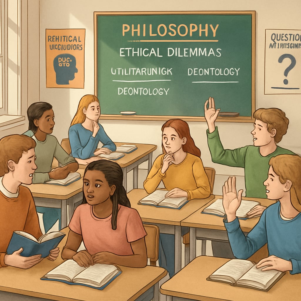 An innovative high school classroom where students are studying philosophy and debating ethical dilemmas, emphasizing critical thinking. Students debating philosophy in a high school classroom