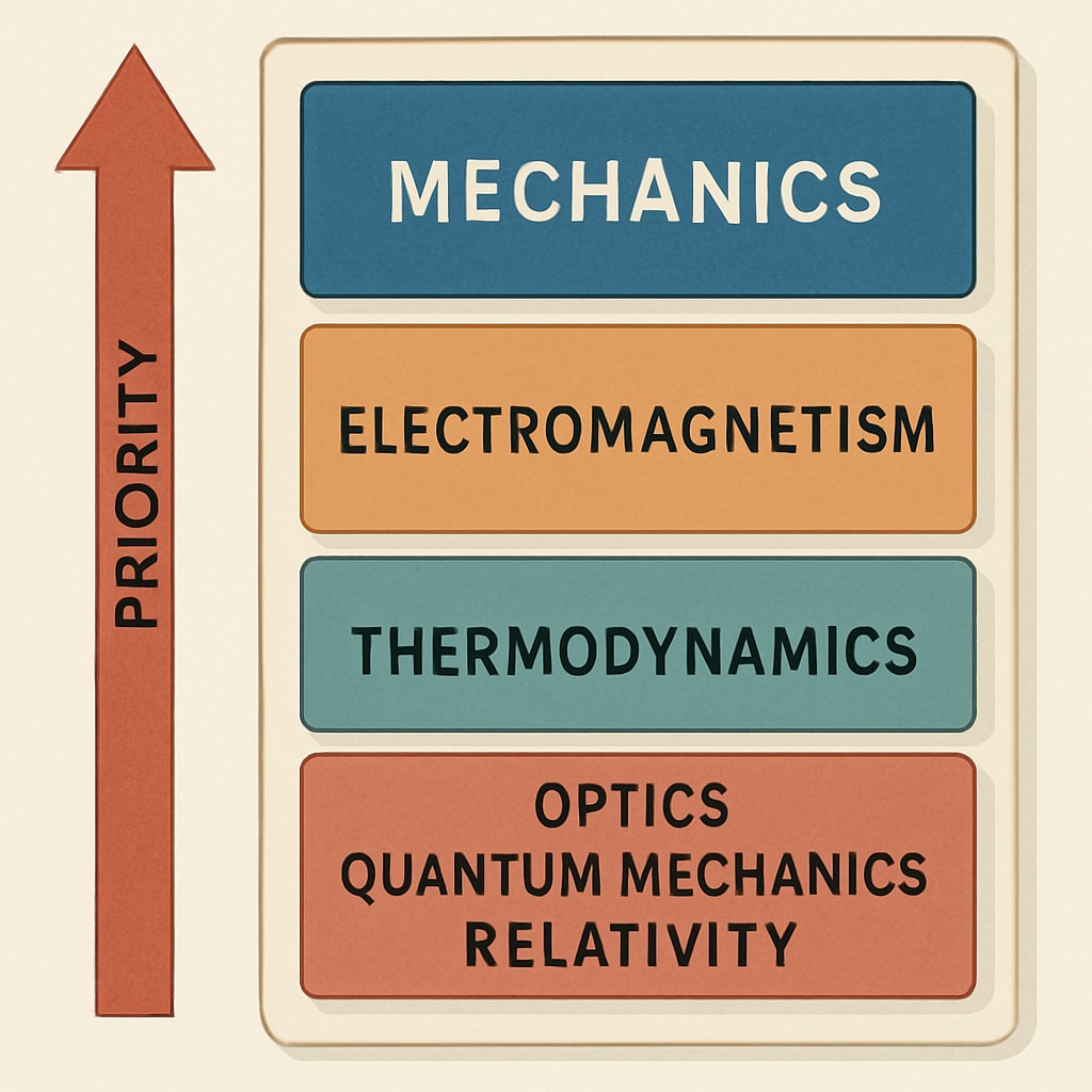 A detailed diagram showing a prioritized list of physics topics based on importance and urgency. Prioritized list of physics topics for effective backlog management.