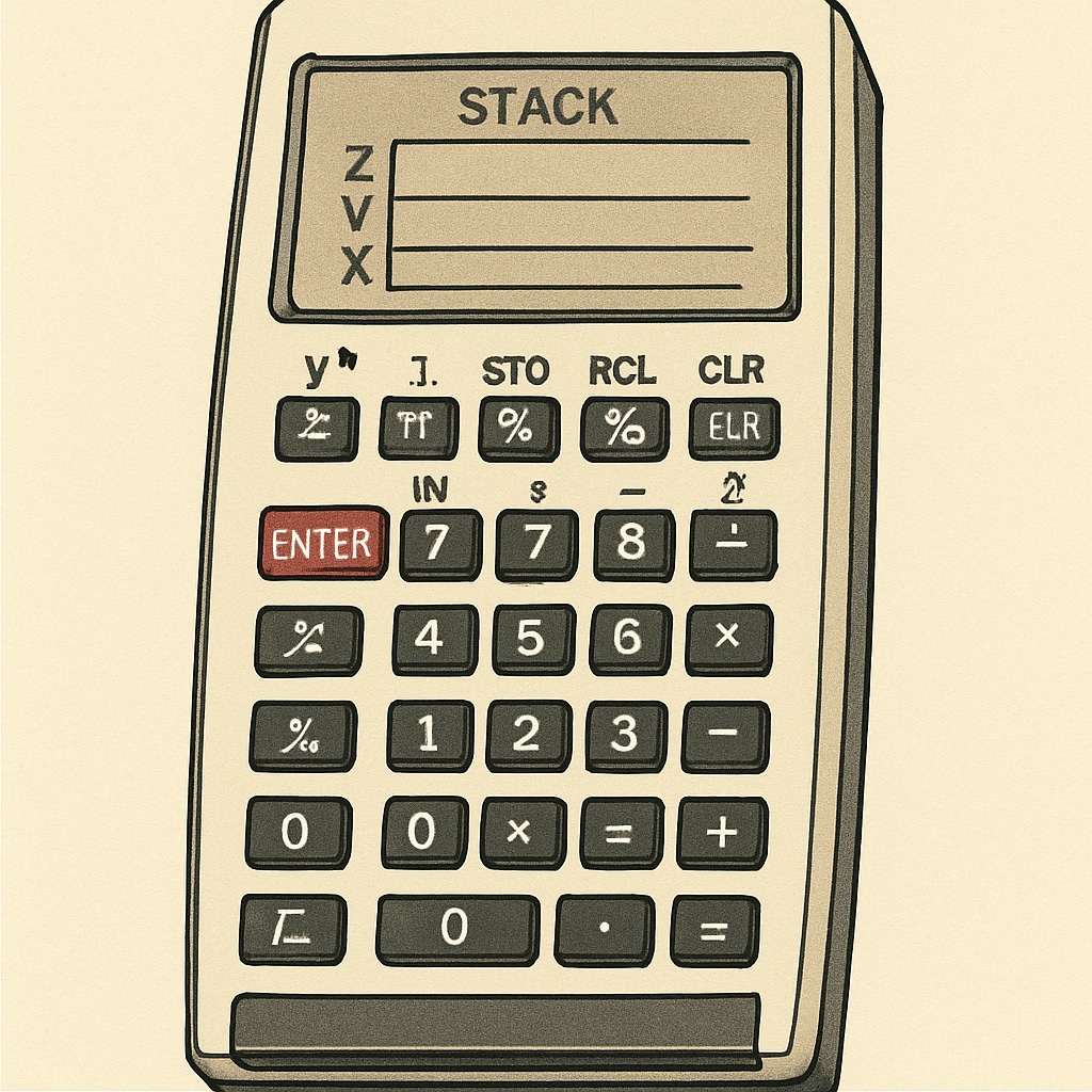 A vintage RPN calculator, such as the HP-35, highlighting its unique layout and stack-based input system. Image of a vintage RPN calculator showcasing its stack-based input system.