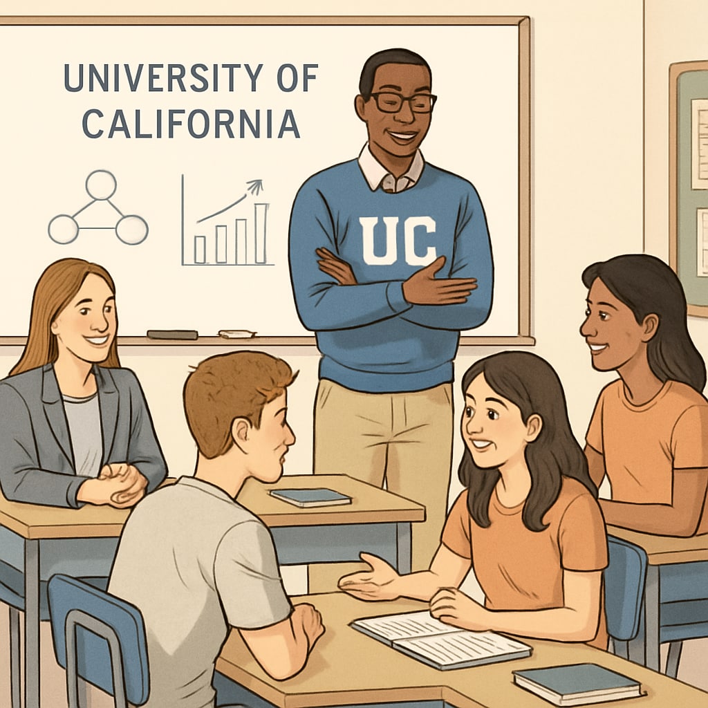A classroom setting where high school students interact with University of California faculty members during a workshop. High school students engage with UC faculty during an educational workshop.