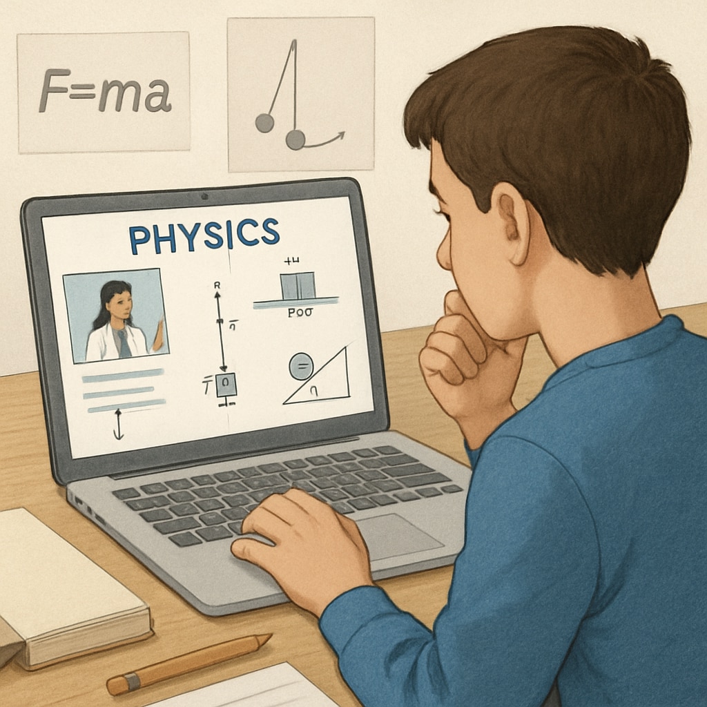 A student using online learning platforms to study physics concepts on a laptop. Student studying physics concepts online to clear backlogs.