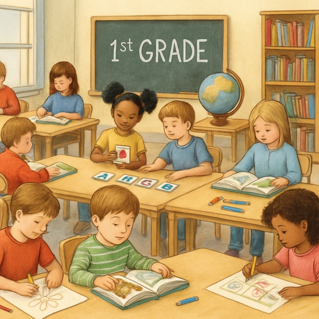 First graders learning foundational skills in a classroom setting.