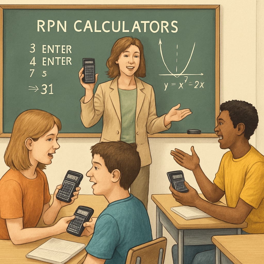 A classroom setting showcasing students learning mathematics with RPN calculators, emphasizing engagement and critical thinking. Students using RPN calculators in a classroom to develop mathematical thinking.