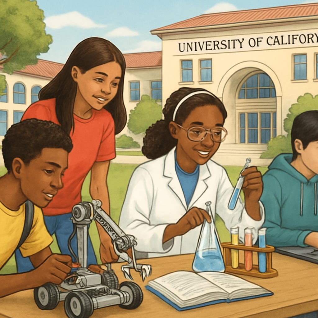 A group of diverse high school students visiting a University of California campus, engaging in hands-on STEM activities. High school students participating in STEM activities at a UC campus.
