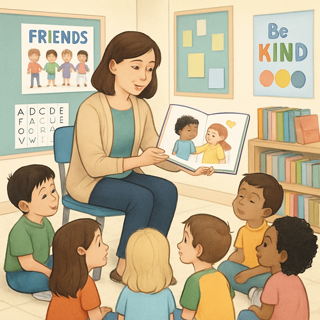 Teacher reading a book about inclusion to first graders.