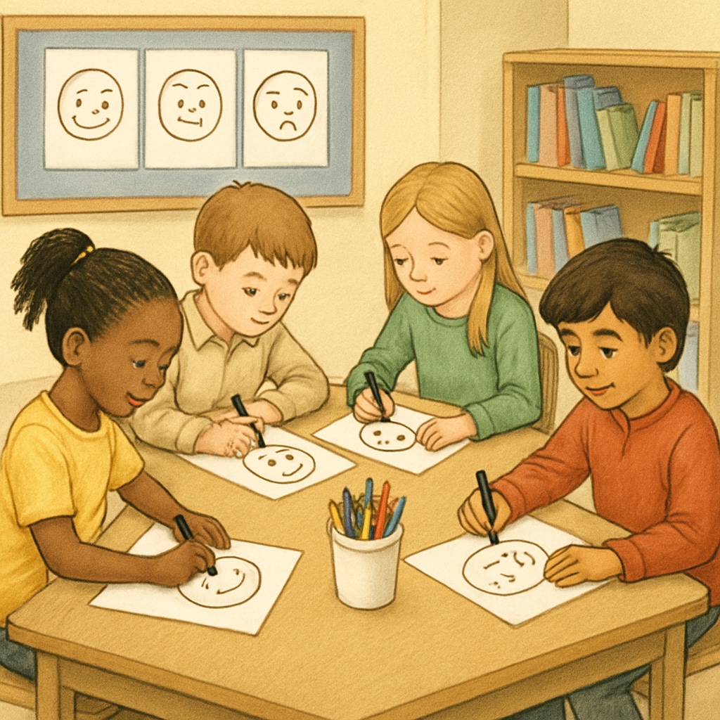 A group of children participating in a classroom activity focused on emotional awareness, such as drawing emotions on paper. Children engaging in an emotional awareness activity in a classroom.