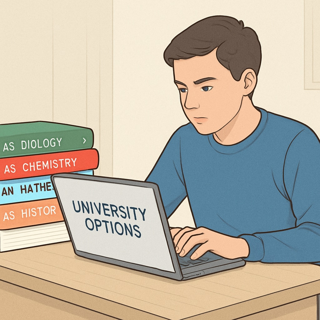 A student reviewing university options on a laptop, with AS level textbooks on the desk. A student researching universities that accept AS level results with affordable tuition fees.