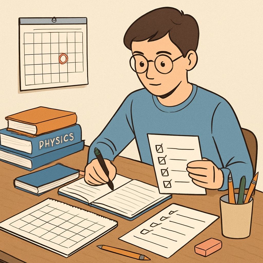 A student organizing study materials with a focus on physics topics, emphasizing time management and planning. Student organizing physics study materials, focused on time management and study strategies.