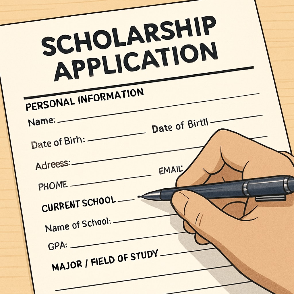 A close-up of a scholarship application form being filled out by hand. Scholarship application process for students with AS level qualifications.