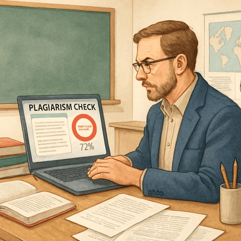 A teacher using a laptop with plagiarism detection software to evaluate student submissions. A teacher using plagiarism detection software for writing monitoring and plagiarism detection.
