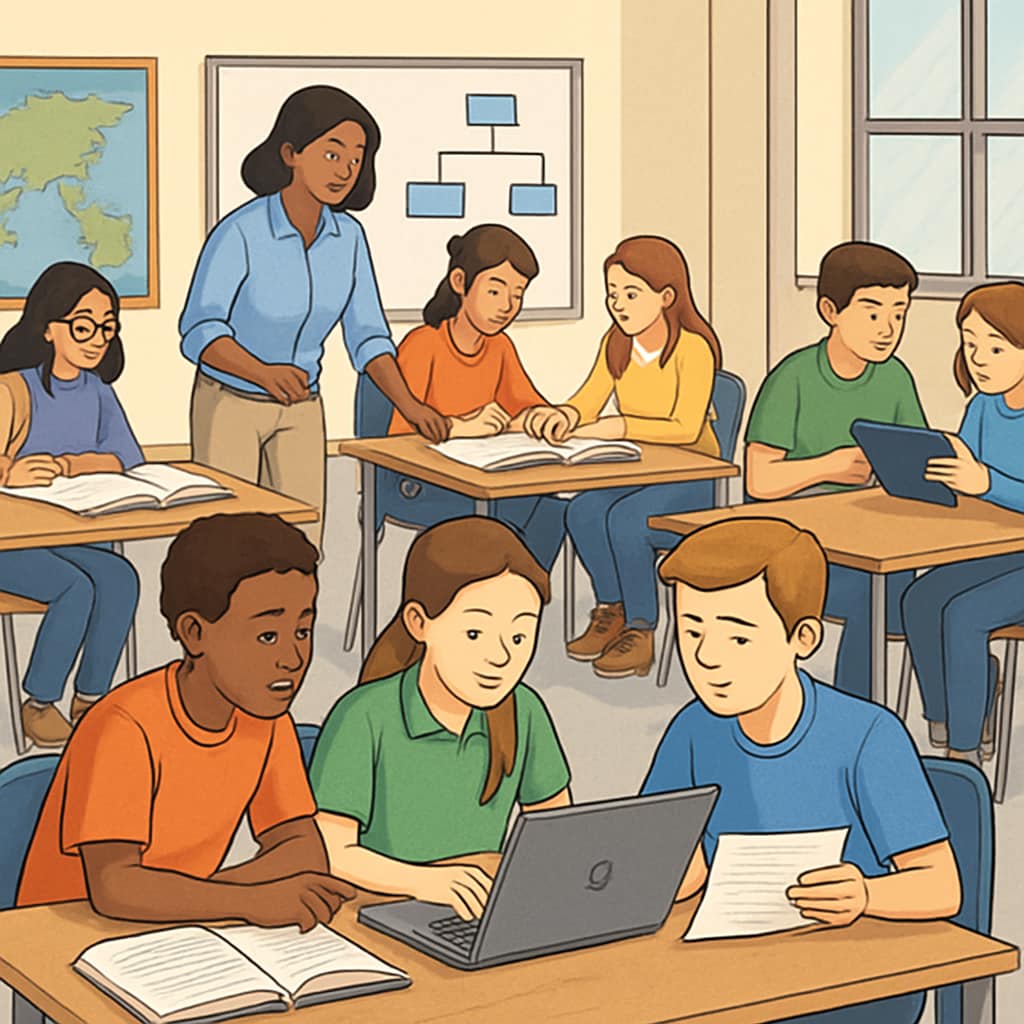 A classroom environment showcasing engaged K12 students working collaboratively, highlighting future readiness through educational strategies. K12 students engaged in collaborative learning activities, inspired by university success factors.